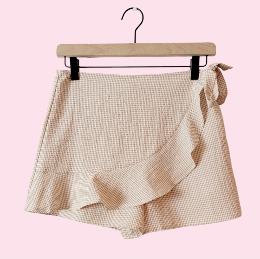 Gingham Ruffle Y2K Beige White Plaid Tie Coquette Cottage Core Mini Skirt Skort